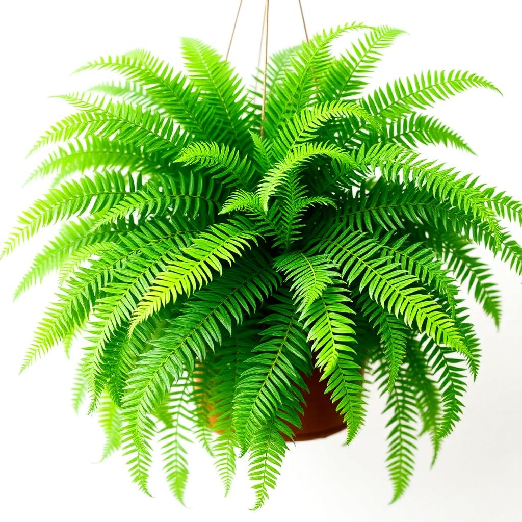 Lush Boston Fern with feathery green fronds in a hanging basket