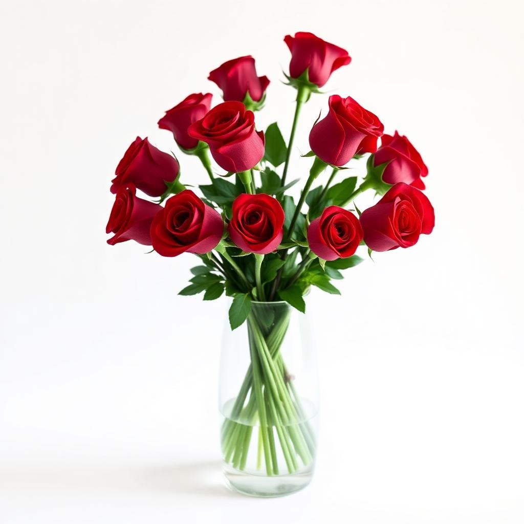 A dozen premium red roses arranged in a classic dome bouquet in a glass vase