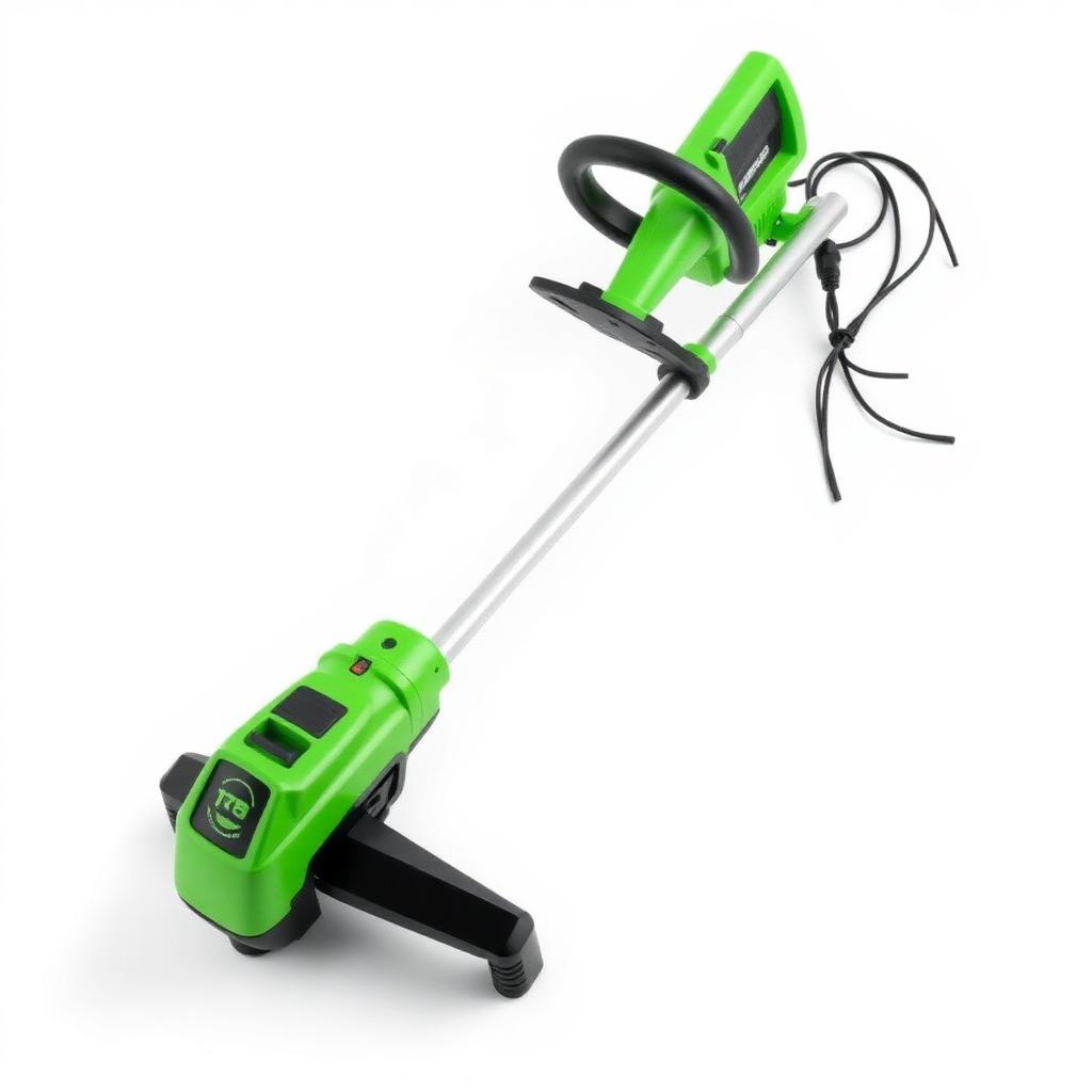 Green 18V cordless grass trimmer strimmer with battery pack and adjustable shaft
