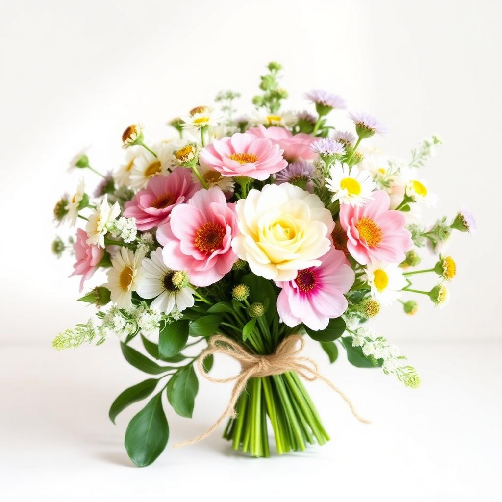Relaxed country garden posy of pink, white and pastel cottage flowers tied with twine