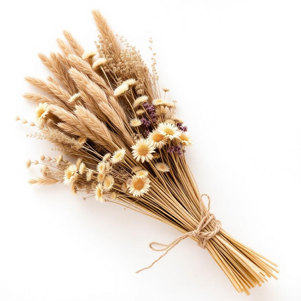 Bundle of dried pampas grass, wheat and everlasting flowers tied with twine