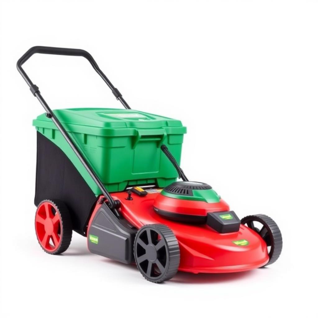 Red 1800W electric rotary lawn mower with a large green grass collection box