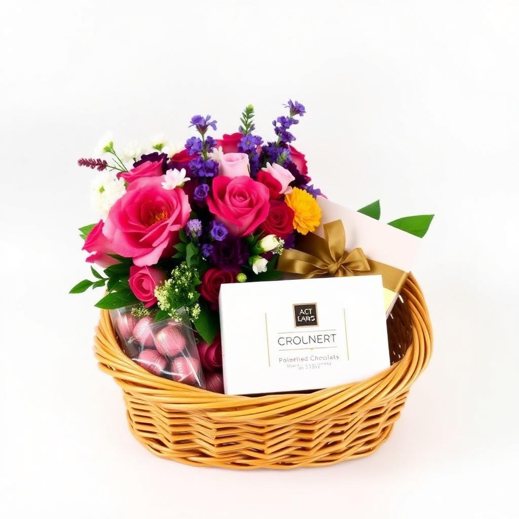 Wicker gift hamper with a fresh pink and purple bouquet and a box of luxury chocolates