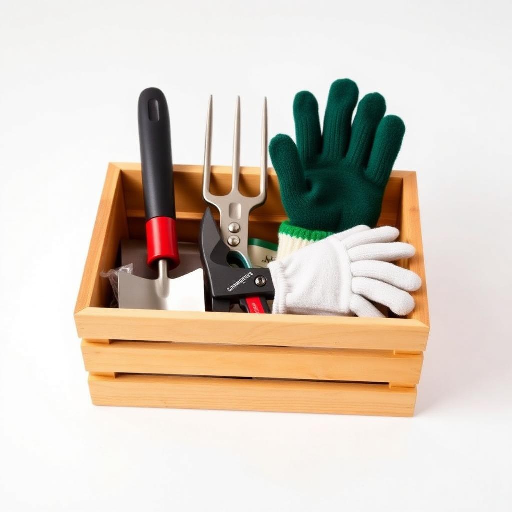 Wooden crate gift set with essential gardening hand tools including trowel, fork, pruning shears and gloves