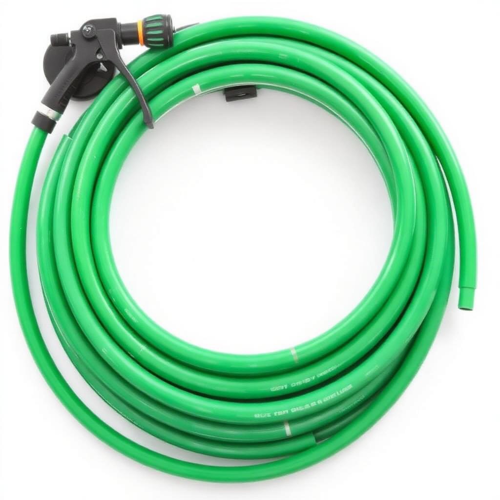 30 metre green garden hose pipe coiled with a spray gun attachment