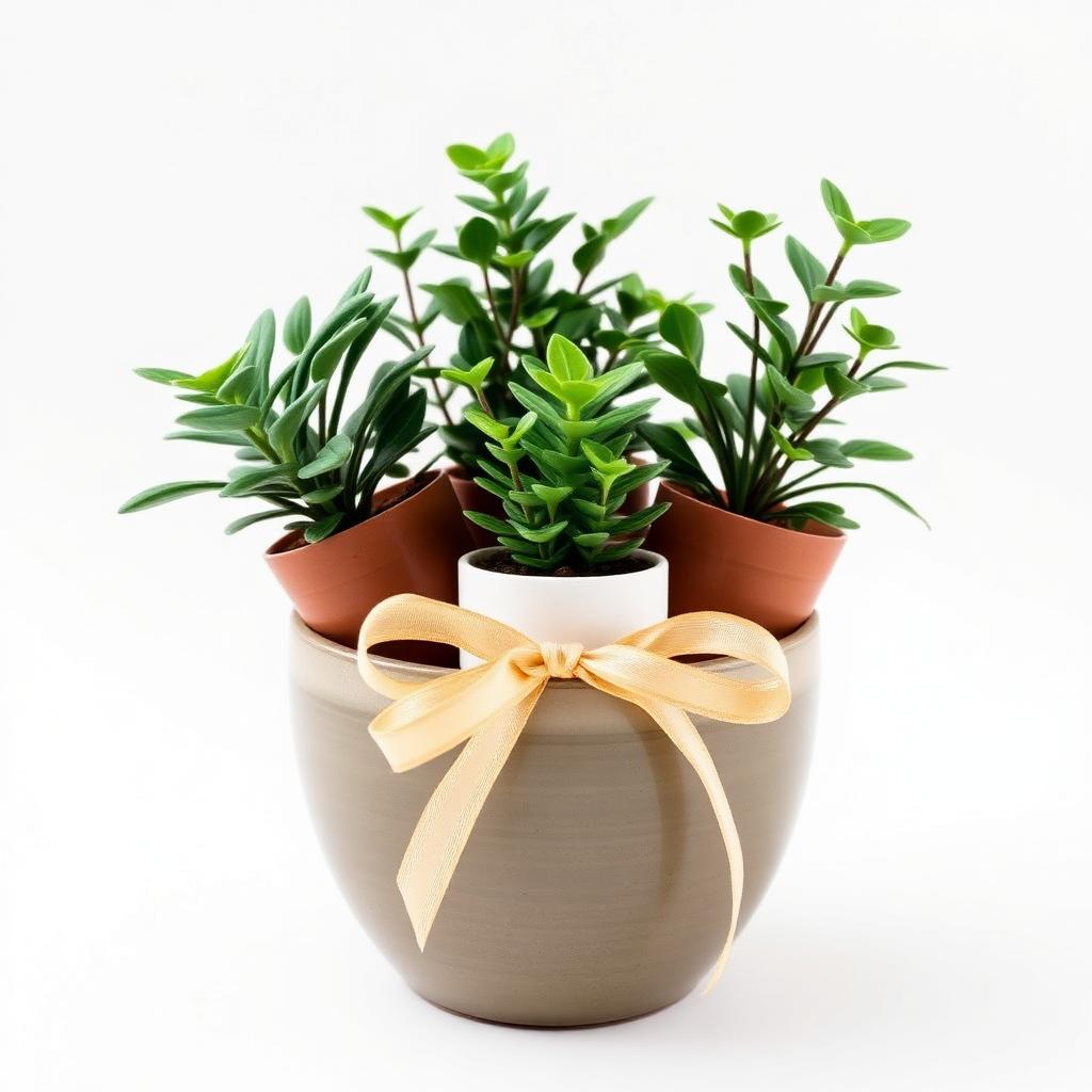 Houseplant starter gift set with three small potted houseplants in a stylish ceramic pot tied with ribbon