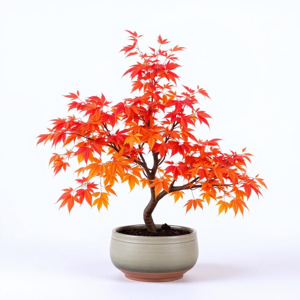 Potted Japanese Acer tree with delicate red and orange autumn foliage in a ceramic bowl