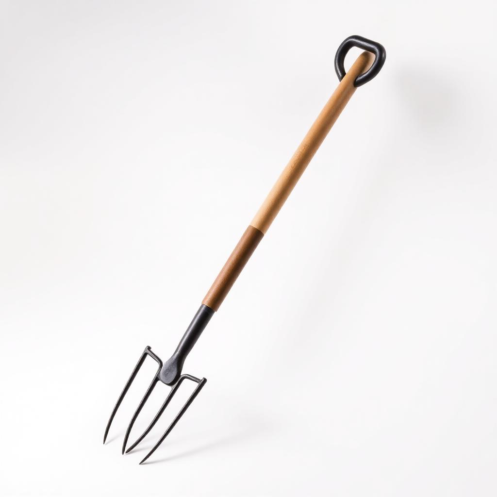 Long-handle four-tine garden digging fork with an ash wood shaft and D-grip handle