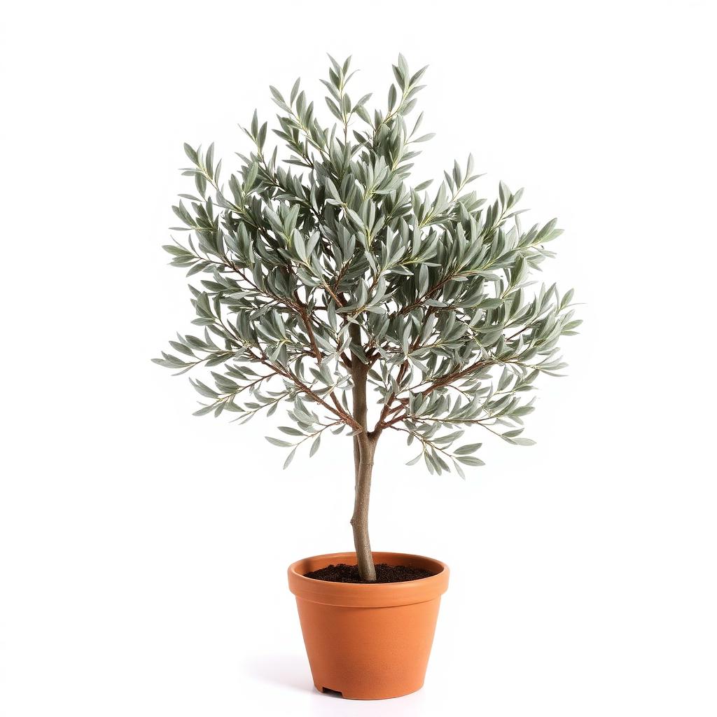 Potted Mediterranean olive tree about 90cm tall with silver-green leaves in a terracotta pot