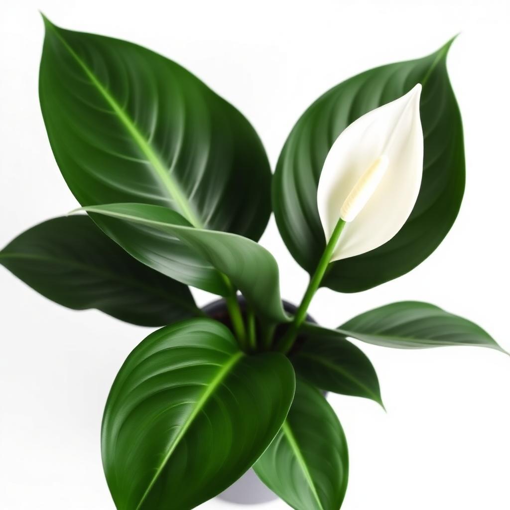 Peace Lily houseplant with glossy dark green leaves and a single white spathe flower