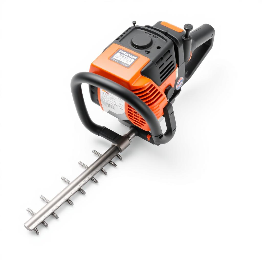 Orange 26cc petrol hedge trimmer with long dual cutting blades