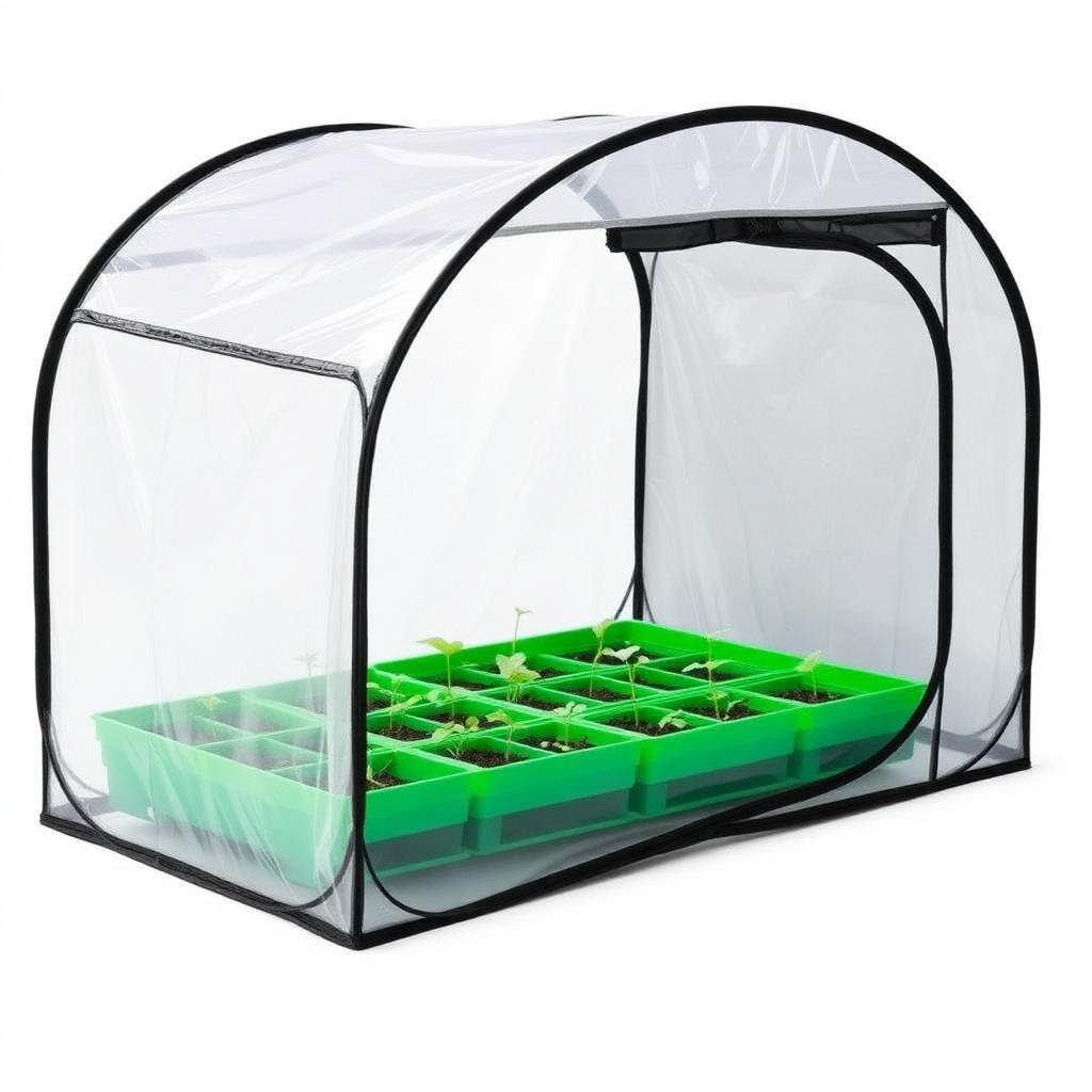 Compact pop-up mini greenhouse with clear plastic cover and seedling trays inside