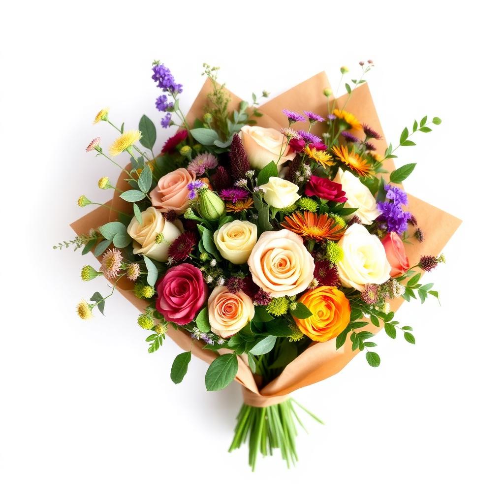 Seasonal hand-tied bouquet with roses, eucalyptus and wildflowers wrapped in kraft paper