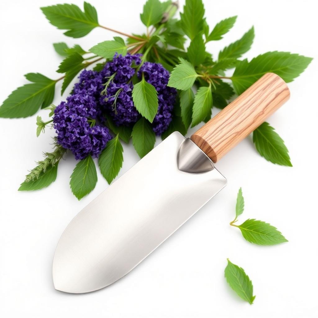 Stainless steel hand trowel with a polished wooden handle