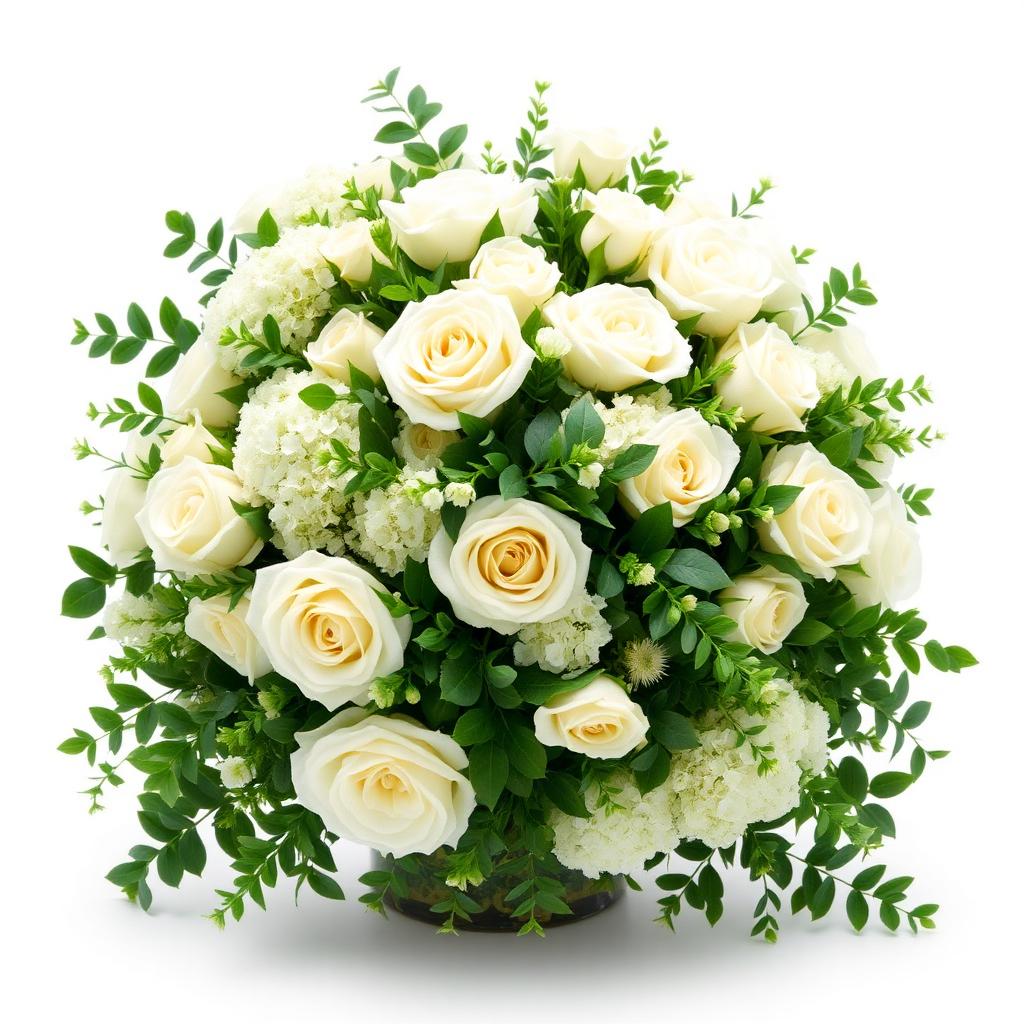 Large lush white rose and green foliage wedding centrepiece arrangement