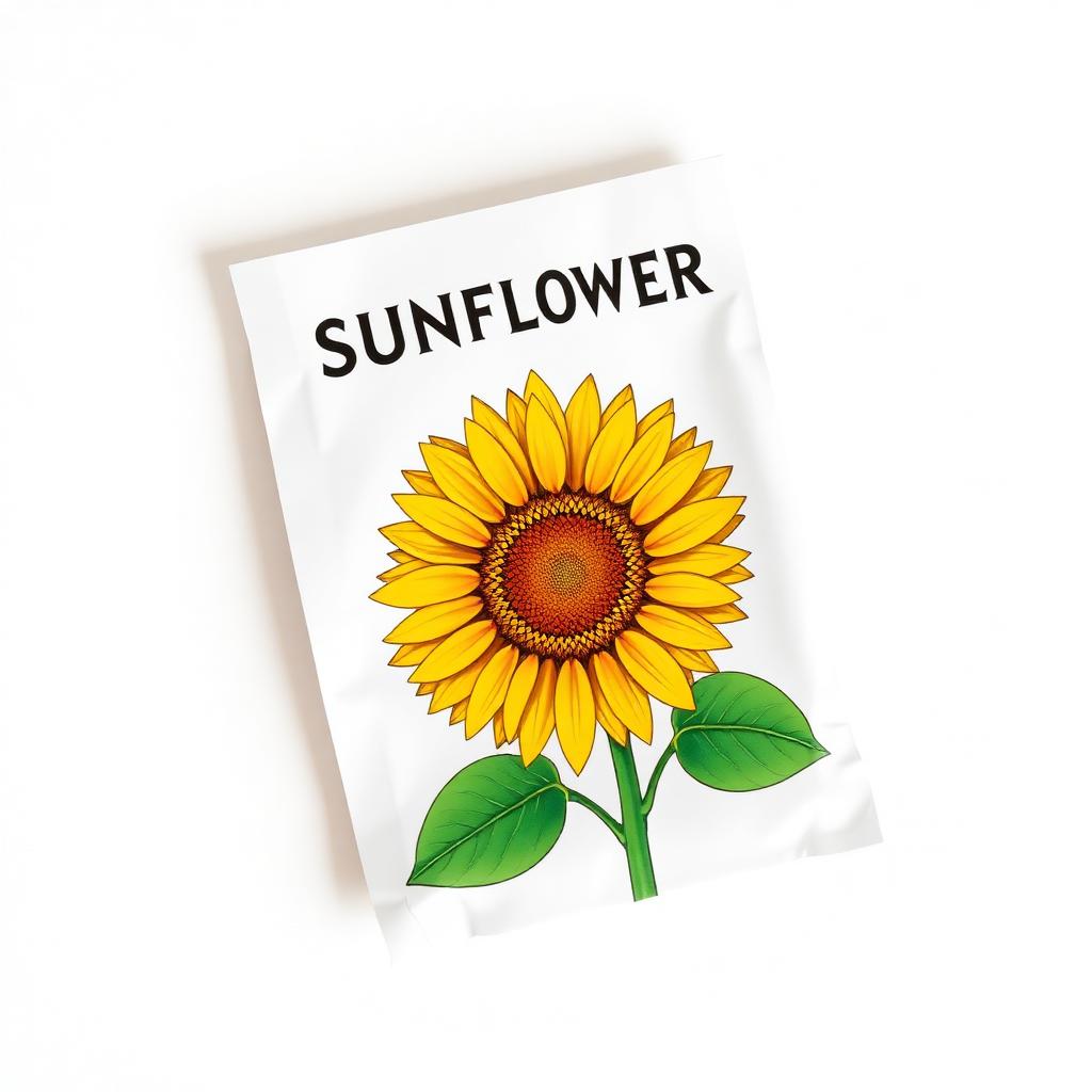 Sunflower seed packet with a bright yellow sunflower illustration on the front