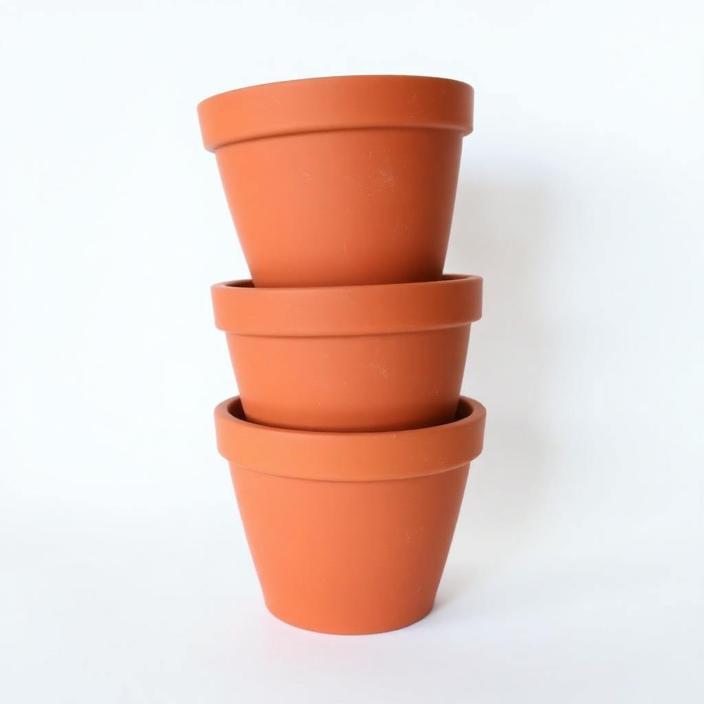 Set of three graduated terracotta plant pots stacked together