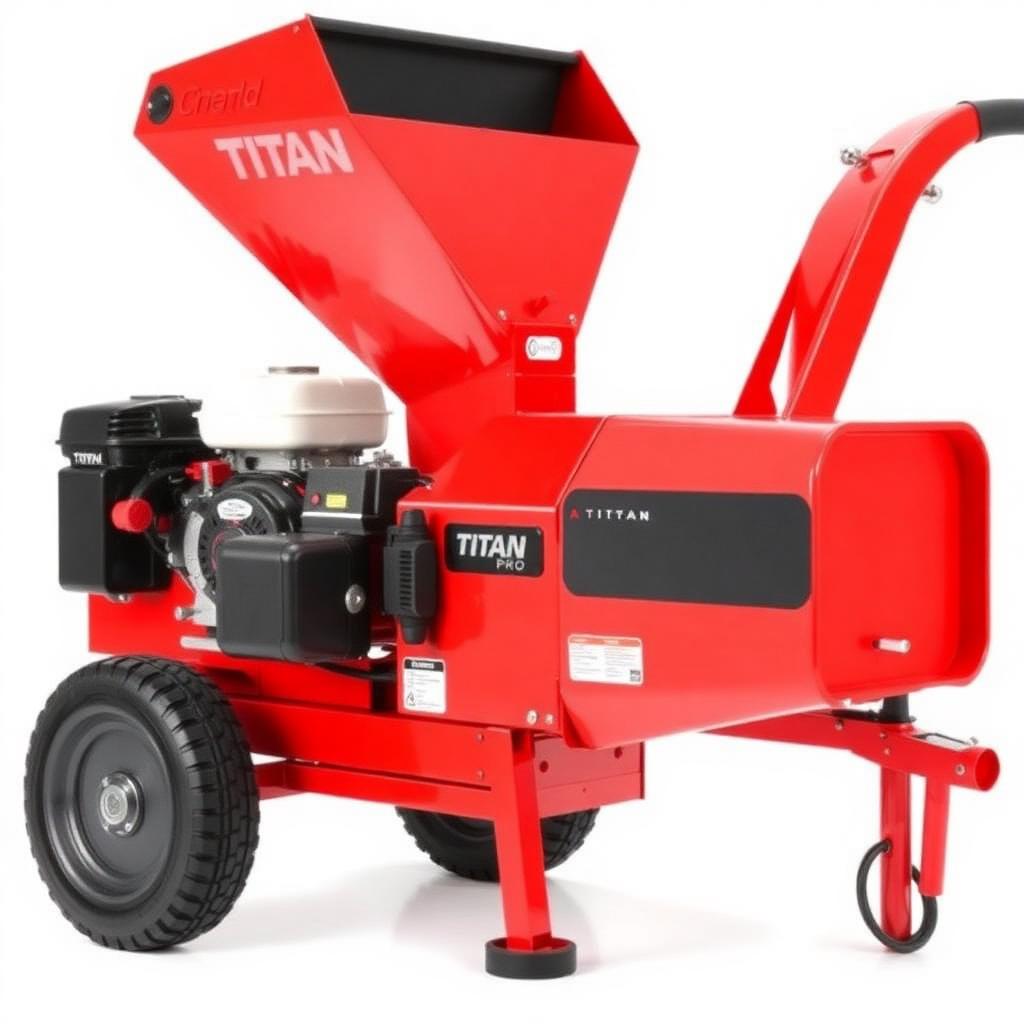 TITAN Pro TP150 15HP red petrol wood chipper and shredder with feed hopper and pneumatic tyres