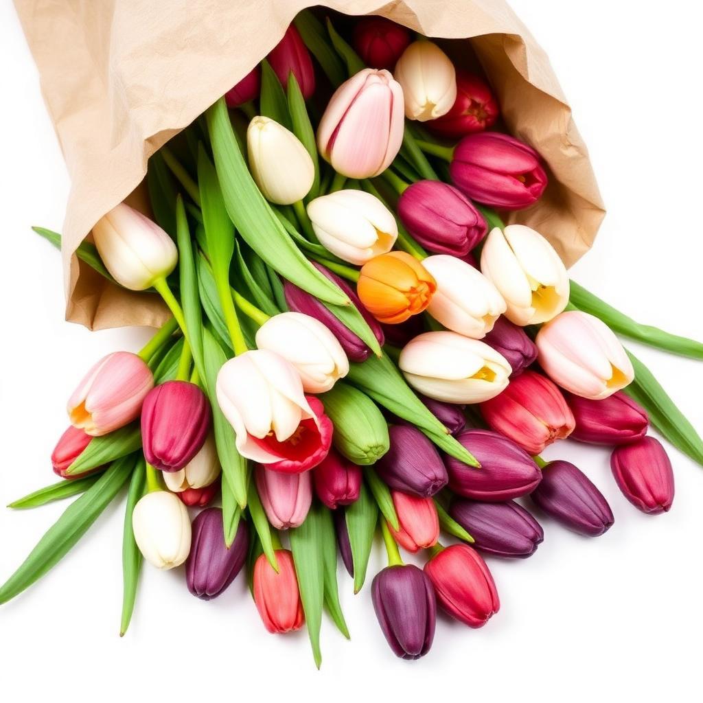 Collection of 30 tulip bulbs in mixed pink, white, red and purple varieties spilling from a paper bag
