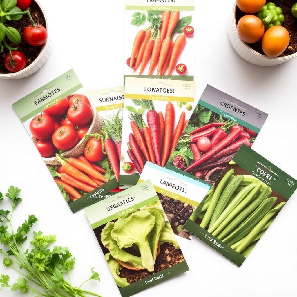 Vegetable garden starter set with tomato, carrot, lettuce and bean seed packets