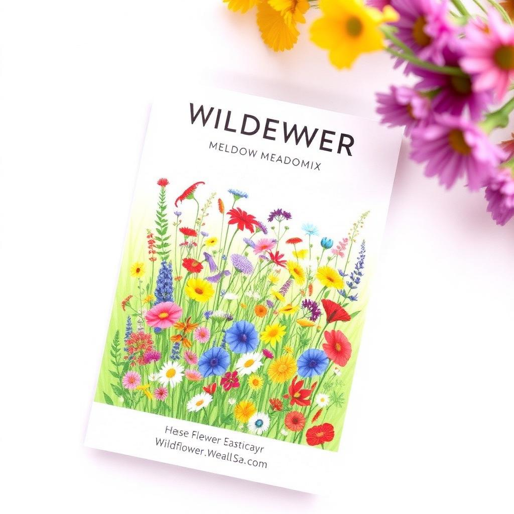 Wildflower meadow mix seed packet showing a colourful meadow illustration