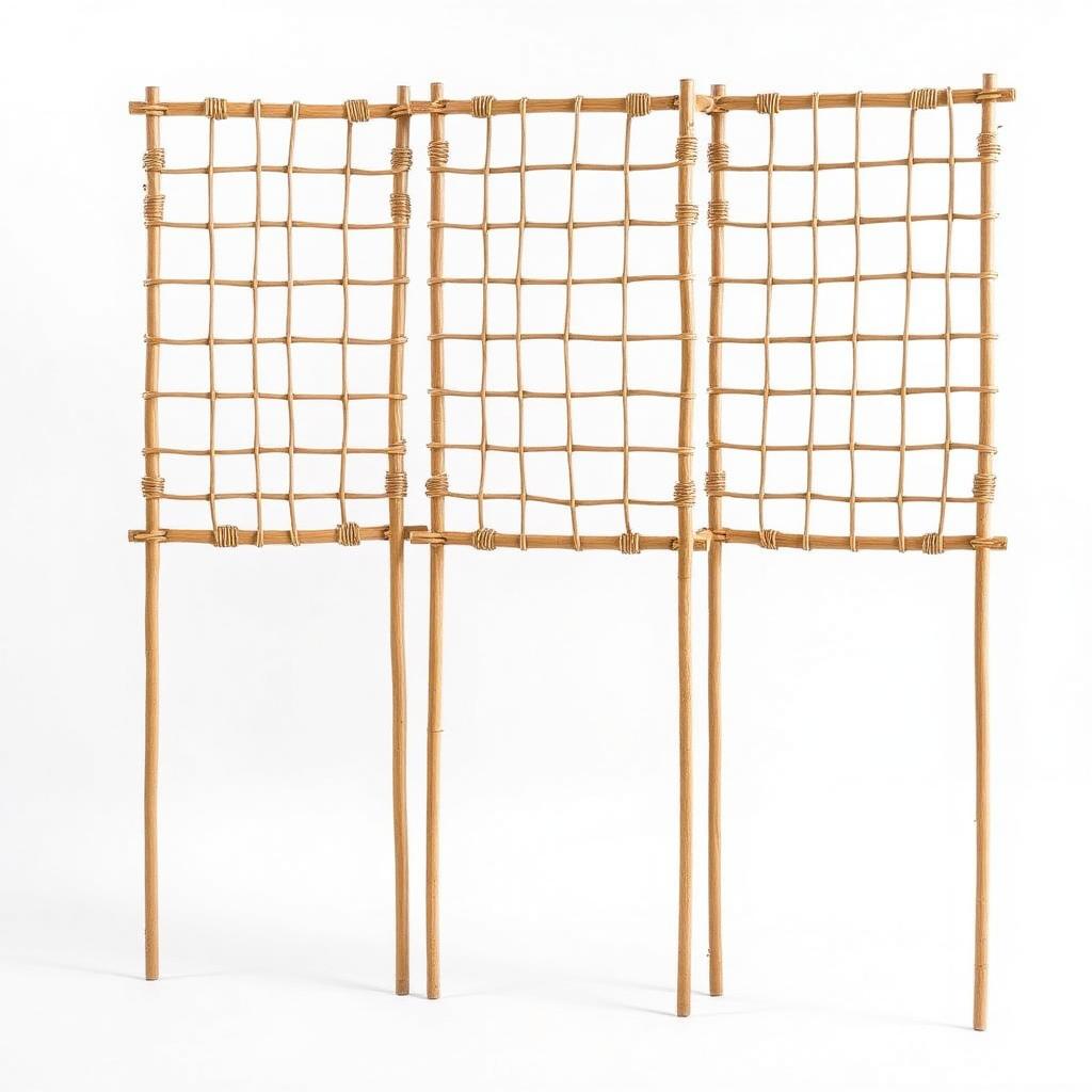 Set of three natural woven willow trellis panels standing upright