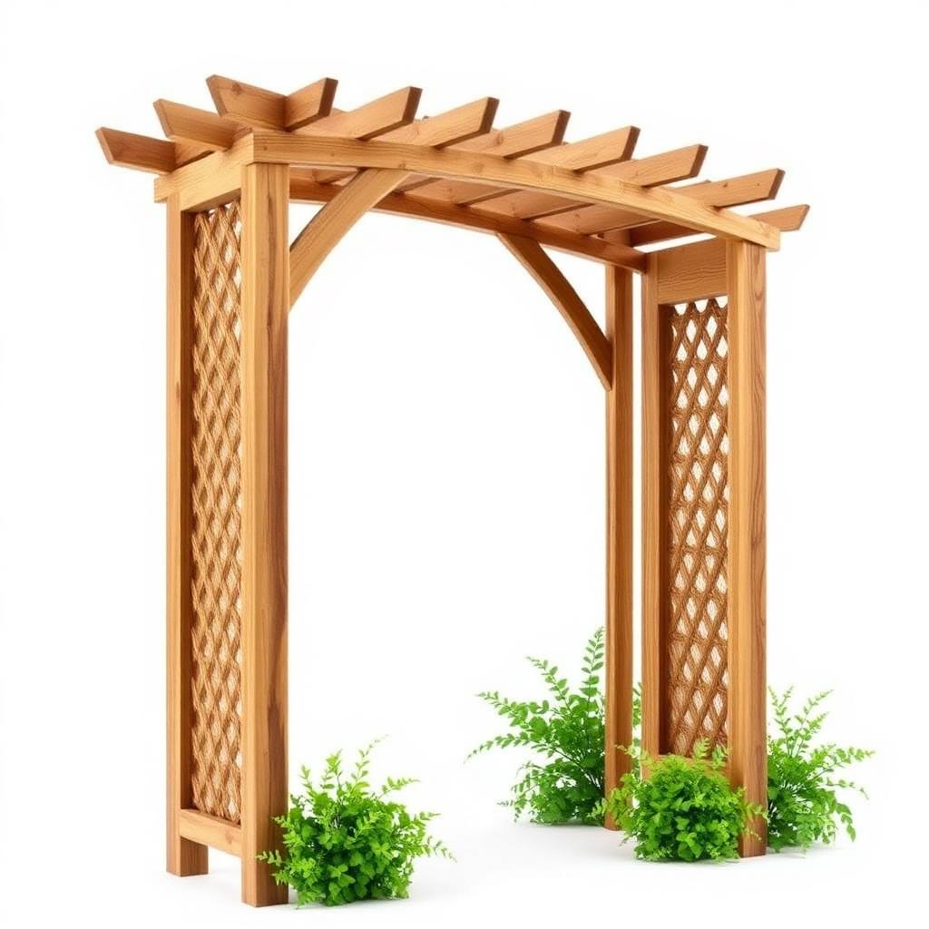 Natural wooden garden arch with lattice trellis sides for climbing plants